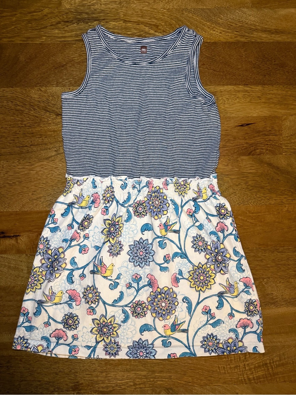 Tea Collection Black Stripe Sleeveless Dress with Floral Bird Print